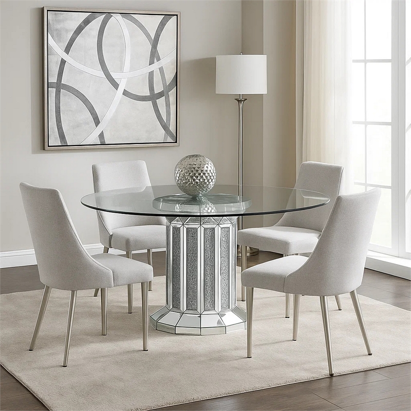 Bowery Hill Round Glass Top Dining Table with Cross Oval Base in Silver