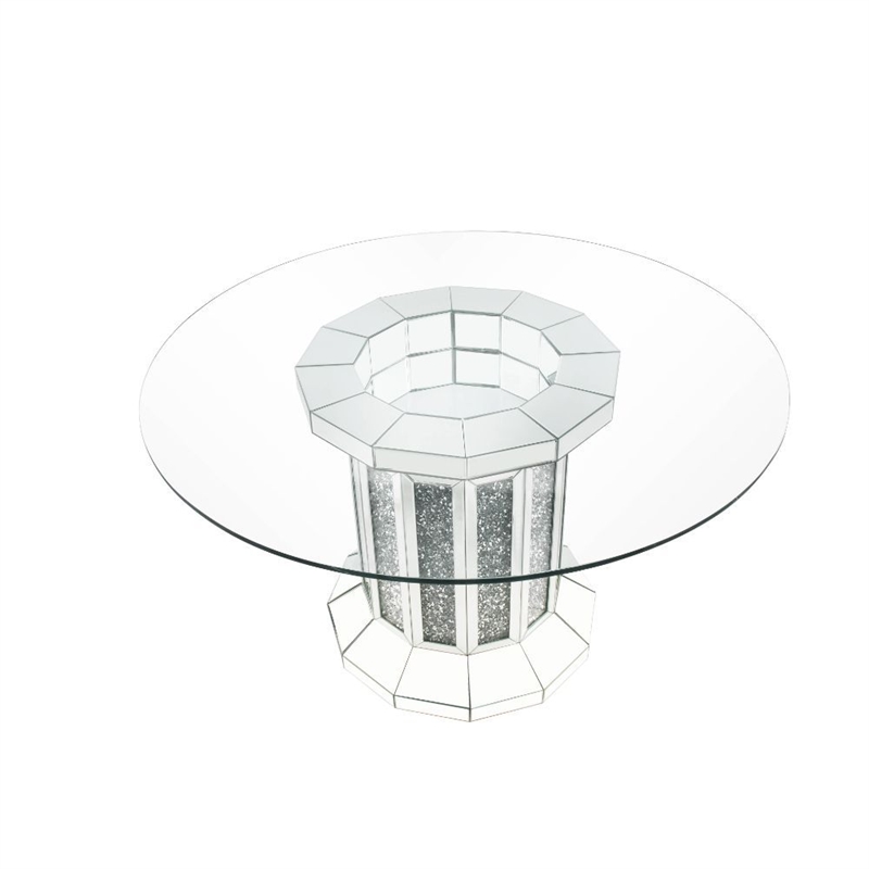 Bowery Hill Round Glass Top Dining Table with Cross Oval Base in Silver