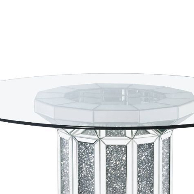 Bowery Hill Round Glass Top Dining Table with Cross Oval Base in Silver