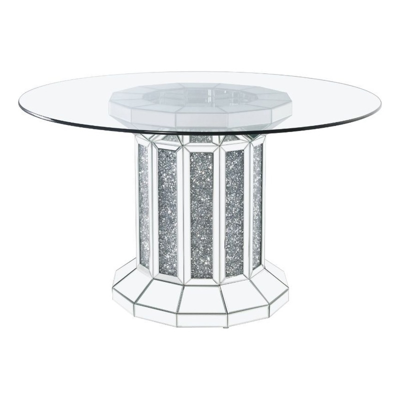 Bowery Hill Round Glass Top Dining Table with Cross Oval Base in Silver