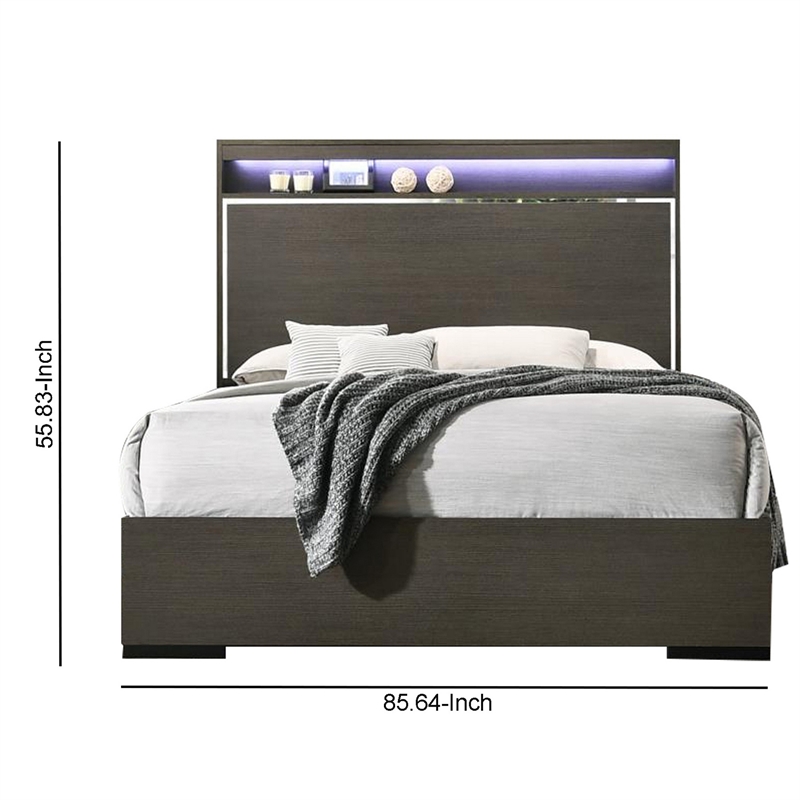 Bowery Hill Wooden Eastern King Bed with LED Storage Shelf in Gray