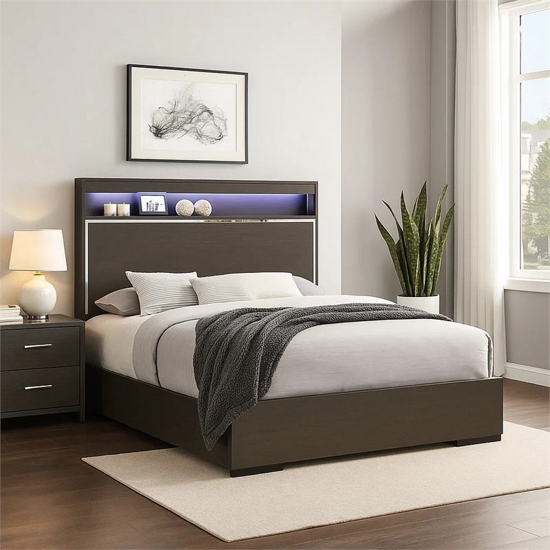 Bowery Hill Wooden Eastern King Bed with LED Storage Shelf in Gray