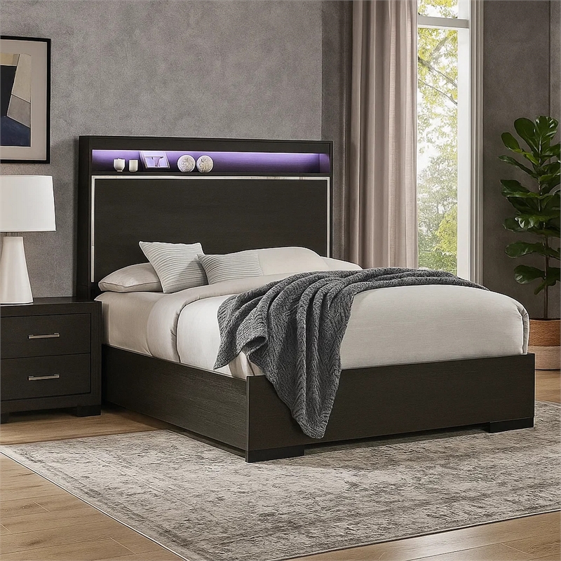 Bowery Hill Wooden Eastern King Bed with LED Storage Shelf in Gray