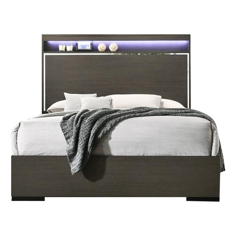 Bowery Hill Wooden Eastern King Bed with LED Storage Shelf in Gray