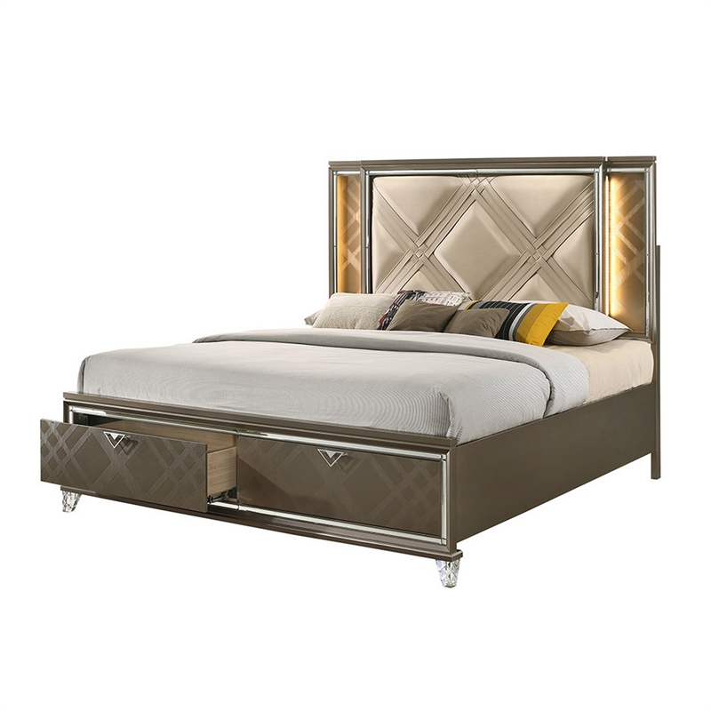 Bowery Hill Full Bed with 2 Drawers and Padded Headboard in Brown