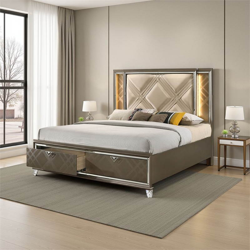 Bowery Hill Full Bed with 2 Drawers and Padded Headboard in Brown
