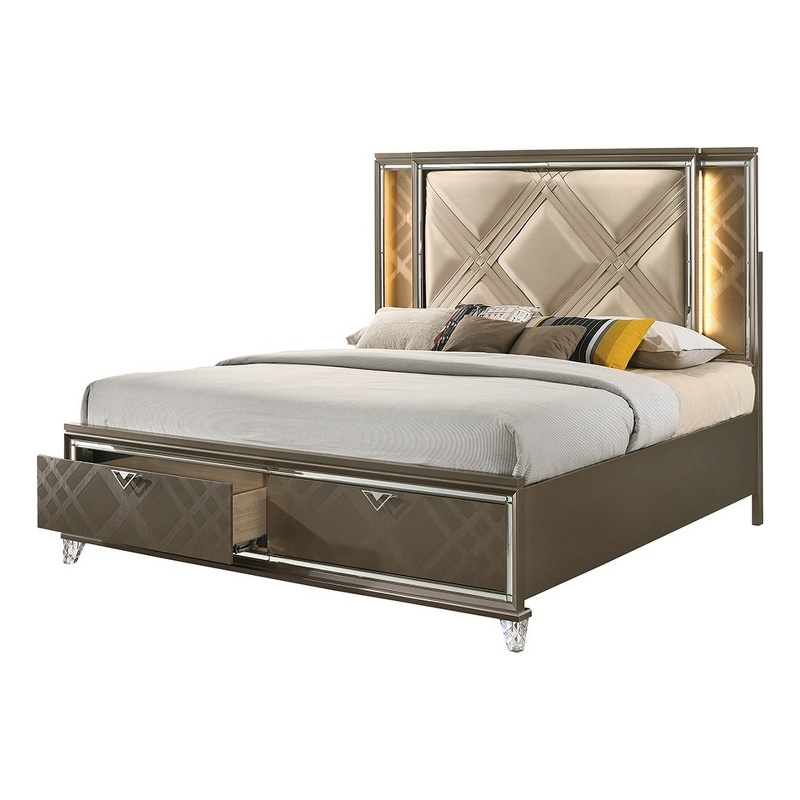 Bowery Hill Full Bed with 2 Drawers and Padded Headboard in Brown