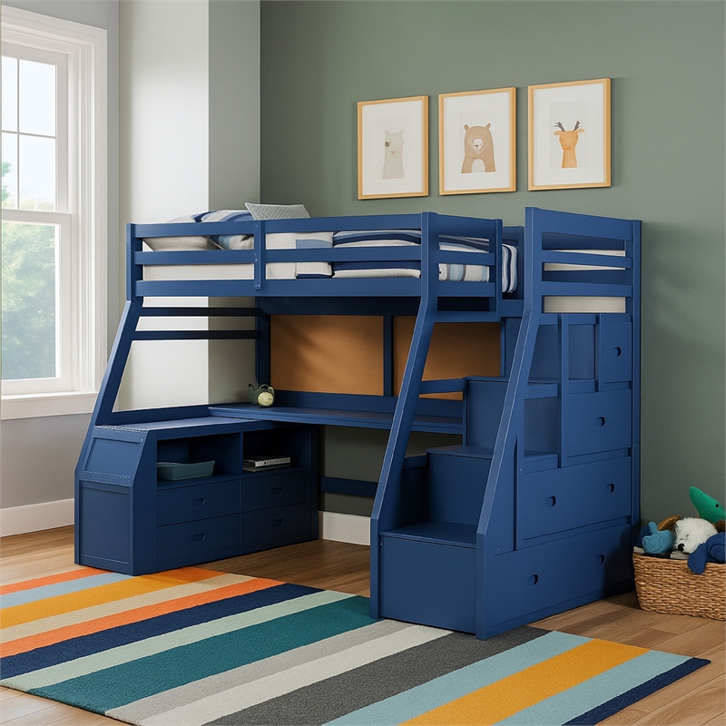 Bowery Hill Twin Loft Bed with 9 Drawers and Inbuilt Ladder in Blue