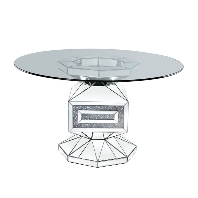 Bowery Hill Dining Table with Glass Top and Pedestal Base in Silver