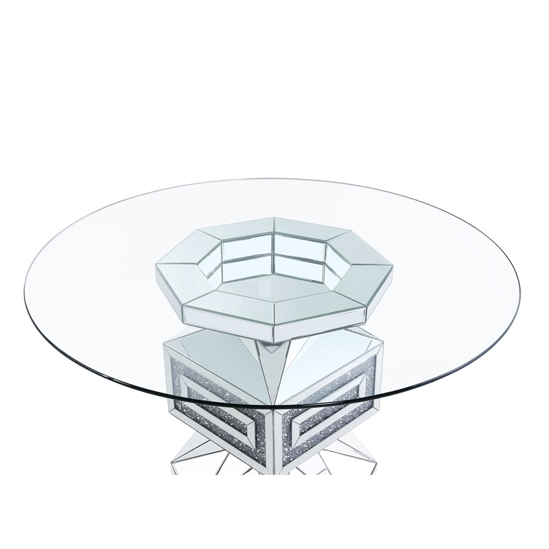 Bowery Hill Dining Table with Glass Top and Pedestal Base in Silver