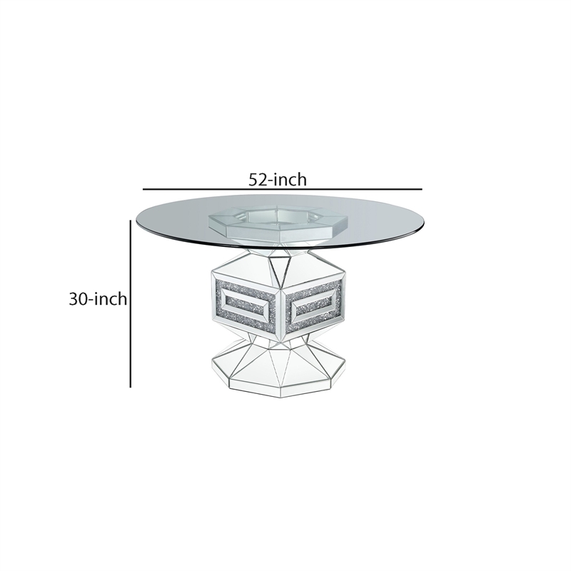 Bowery Hill Dining Table with Glass Top and Pedestal Base in Silver