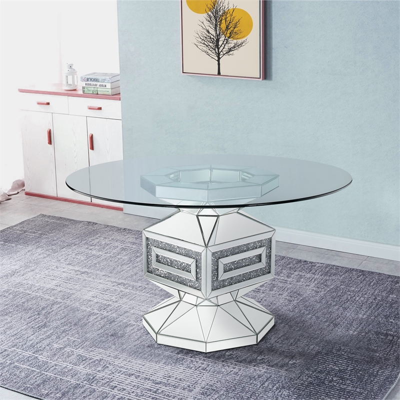 Bowery Hill Dining Table with Glass Top and Pedestal Base in Silver