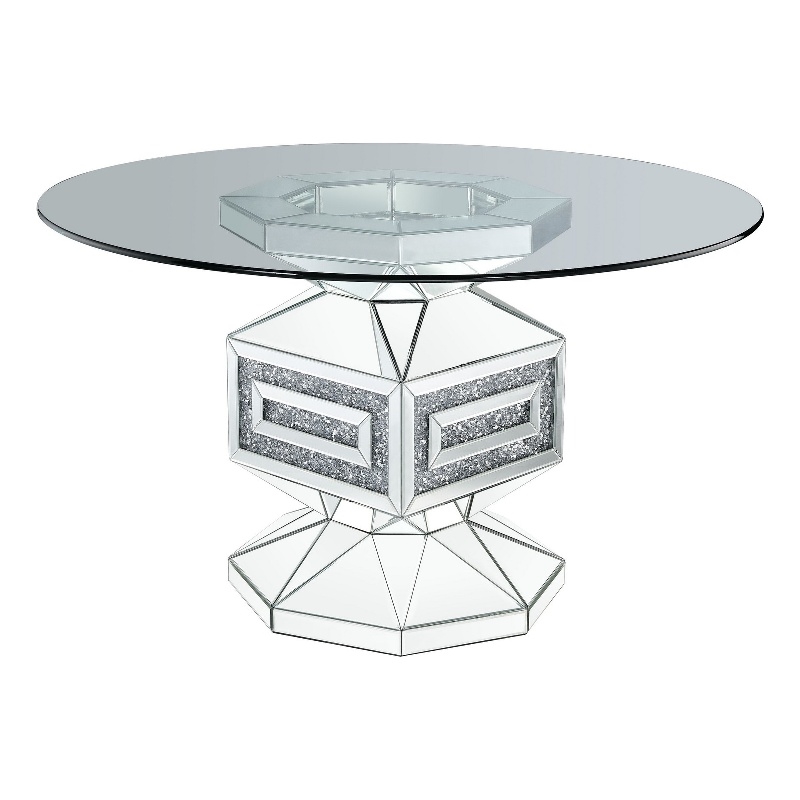 Bowery Hill Dining Table with Glass Top and Pedestal Base in Silver