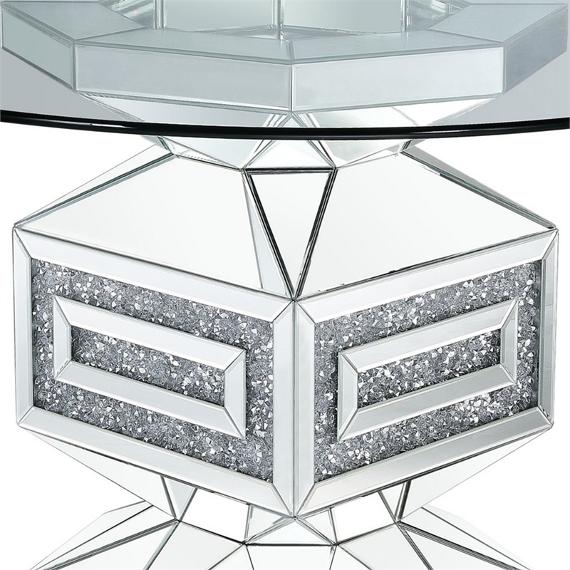 Bowery Hill Dining Table with Glass Top and Pedestal Base in Silver