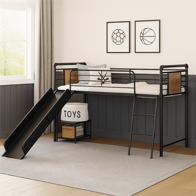 Bowery Hill Twin Loft Bed with Tubular Metal Frame and Slide in Dark Bronze