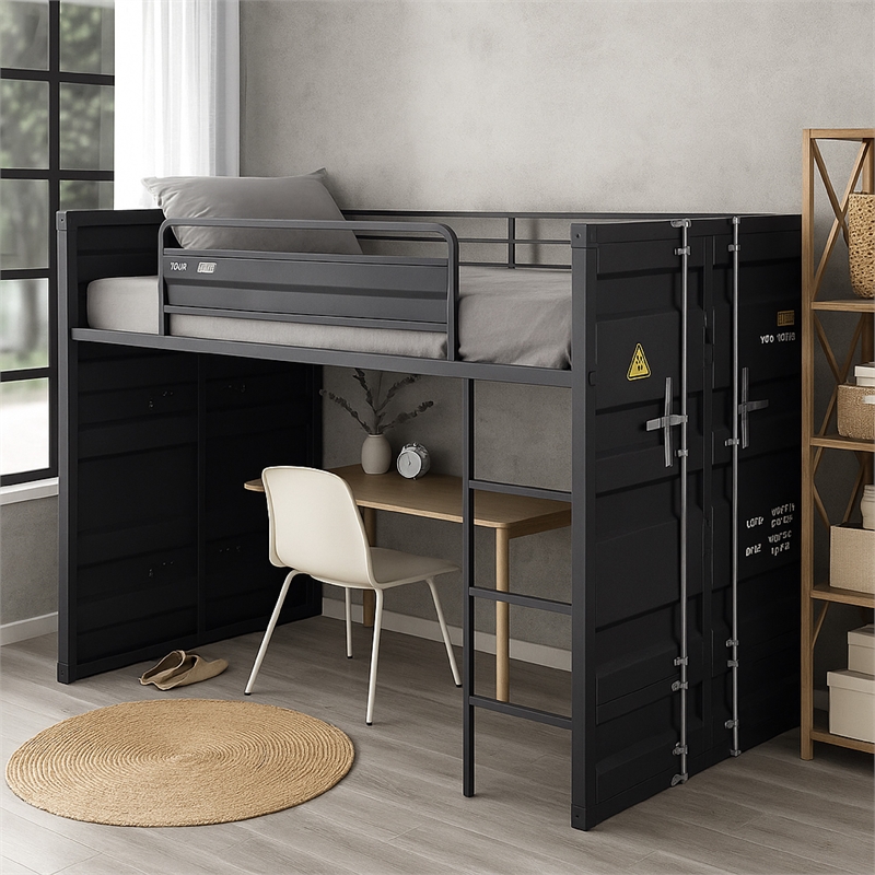 Bowery Hill Twin Loft Bed with Metal Frame and Slide in Gray