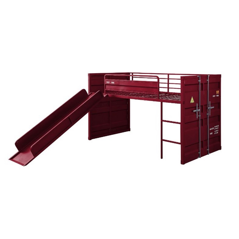 Bowery Hill Twin Loft Bed with Metal Frame Ladder and Slide in Red