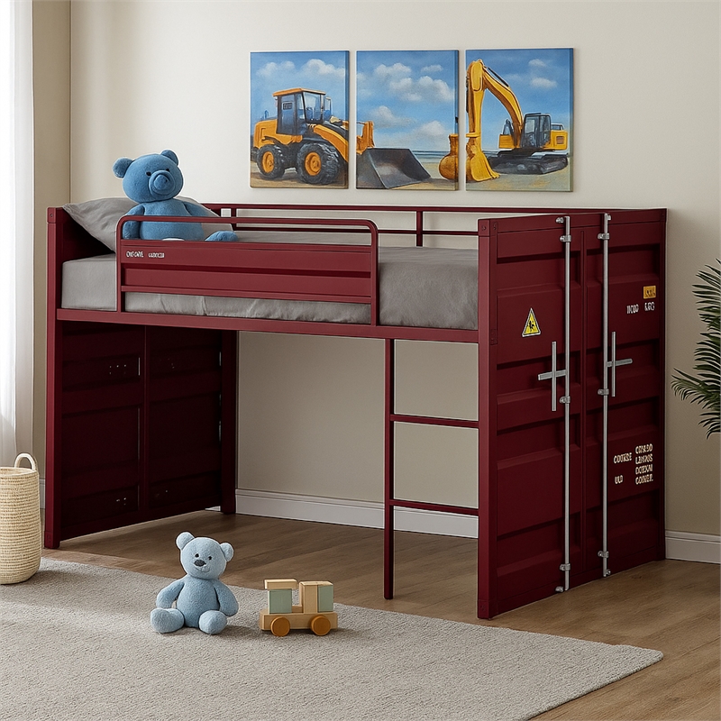 Bowery Hill Twin Loft Bed with Metal Frame Ladder and Slide in Red