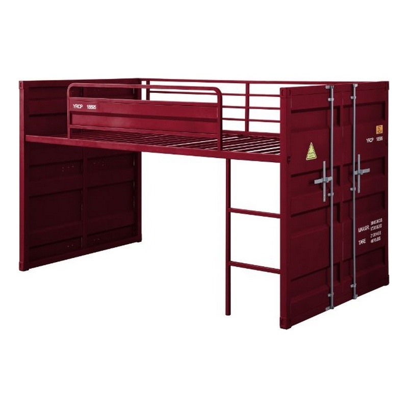 Bowery Hill Twin Loft Bed with Metal Frame Ladder and Slide in Red