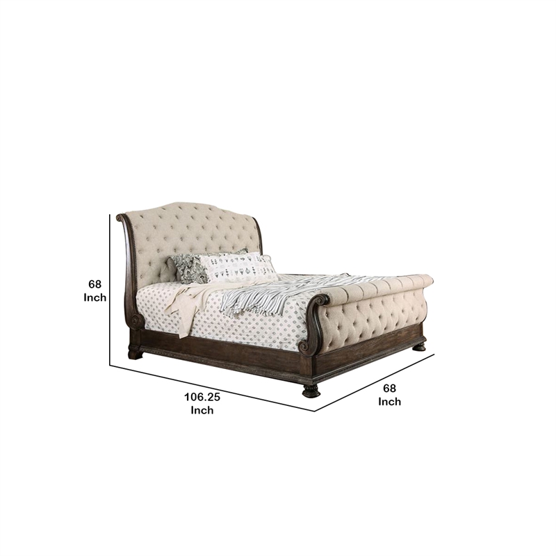 Bowery Hill Queen Size Bed with Fabric Upholstery in Beige and Brown