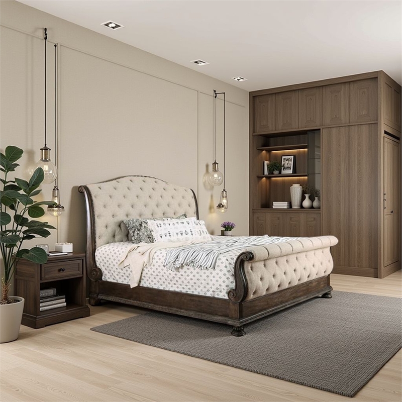 Bowery Hill Queen Size Bed with Fabric Upholstery in Beige and Brown