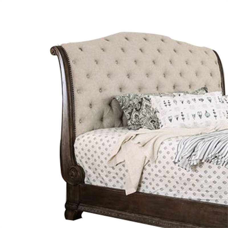 Bowery Hill Queen Size Bed with Fabric Upholstery in Beige and Brown