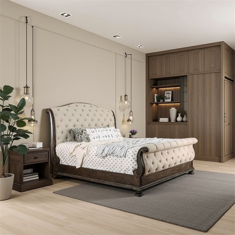 Bowery Hill Queen Size Bed with Fabric Upholstery in Beige and Brown