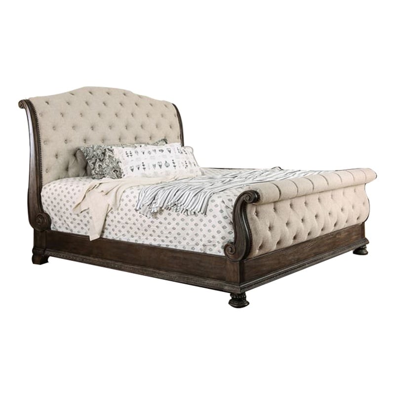 Bowery Hill Queen Size Bed with Fabric Upholstery in Beige and Brown
