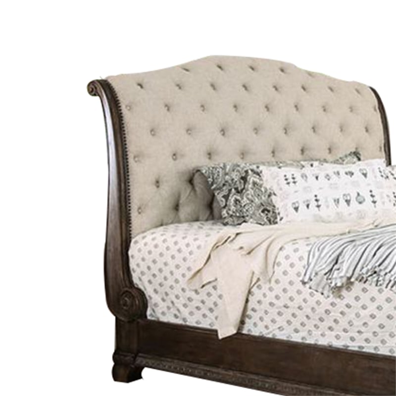 Bowery Hill Queen Size Bed with Fabric Upholstery in Beige and Brown
