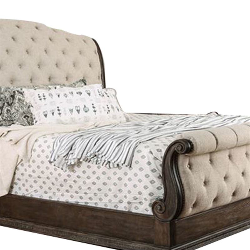 Bowery Hill Queen Size Bed with Fabric Upholstery in Beige and Brown