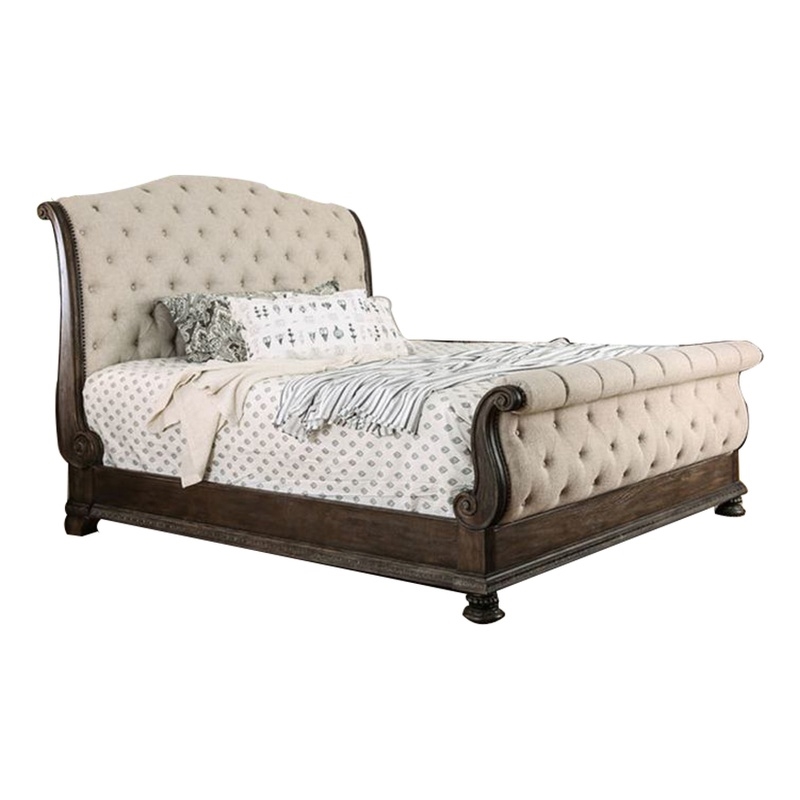 Bowery Hill Queen Size Bed with Fabric Upholstery in Beige and Brown