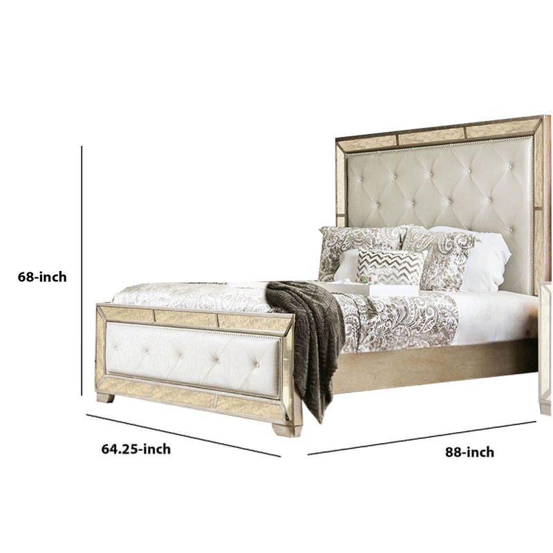 Bowery Hill Leatherette Wooden Queen Size Bed in Gold and Silver