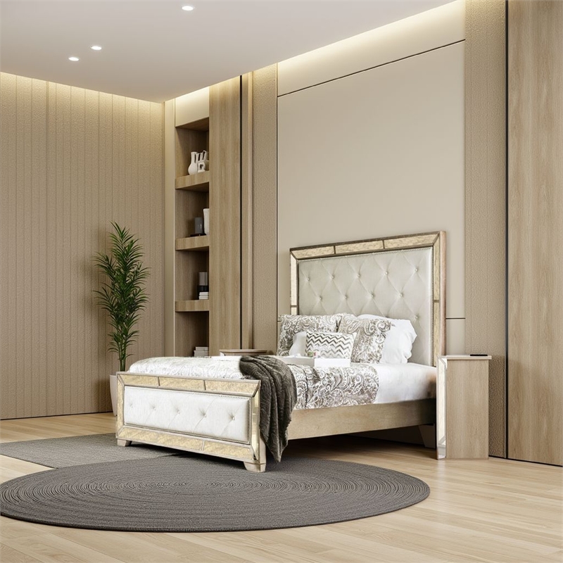 Bowery Hill Leatherette Wooden Queen Size Bed in Gold and Silver
