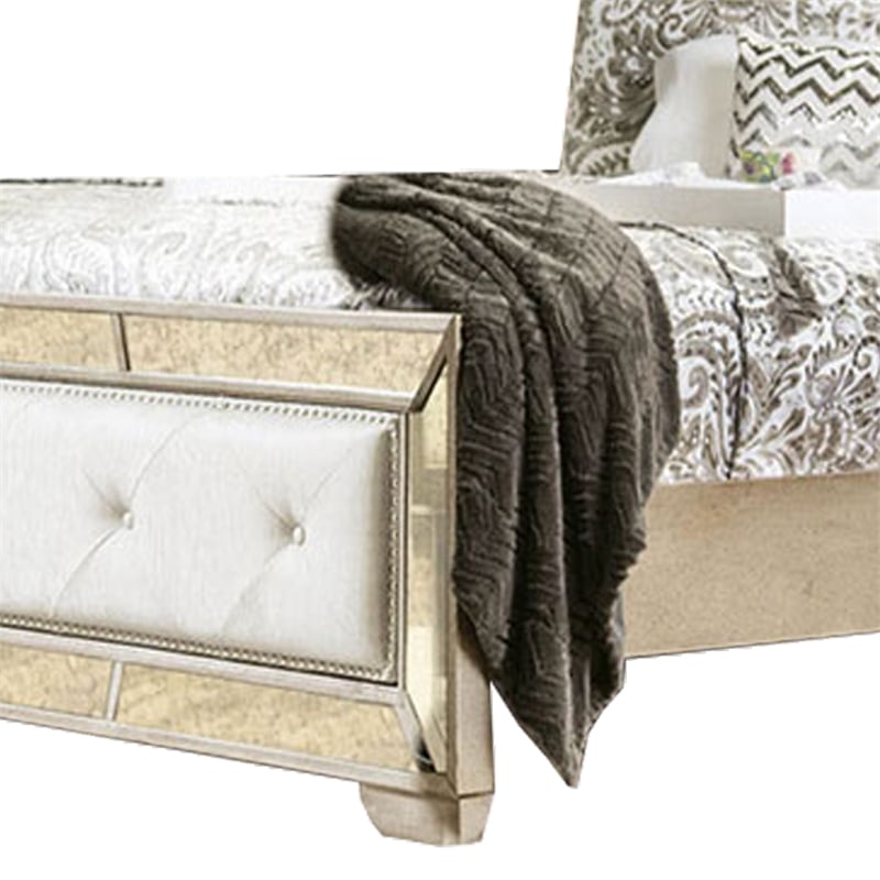 Bowery Hill Leatherette Wooden Queen Size Bed in Gold and Silver