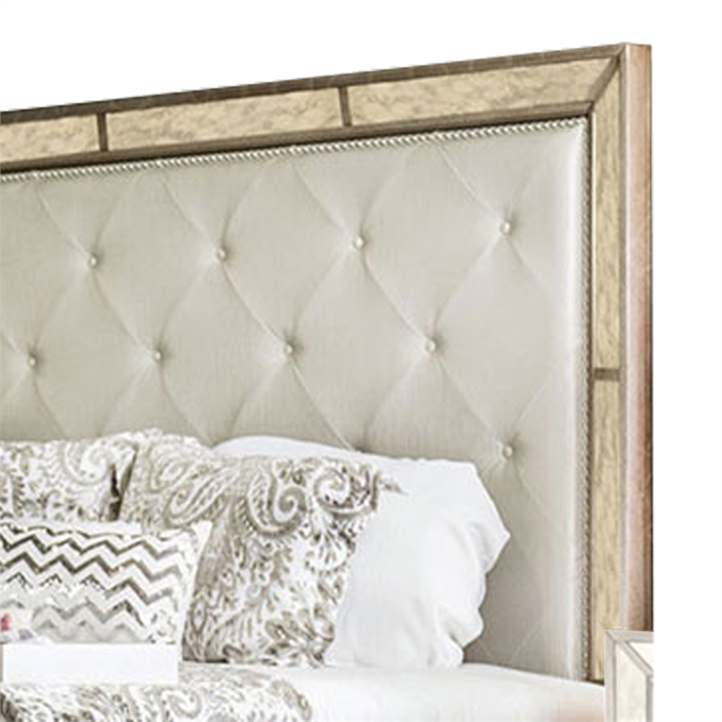 Bowery Hill Leatherette Wooden Queen Size Bed in Gold and Silver
