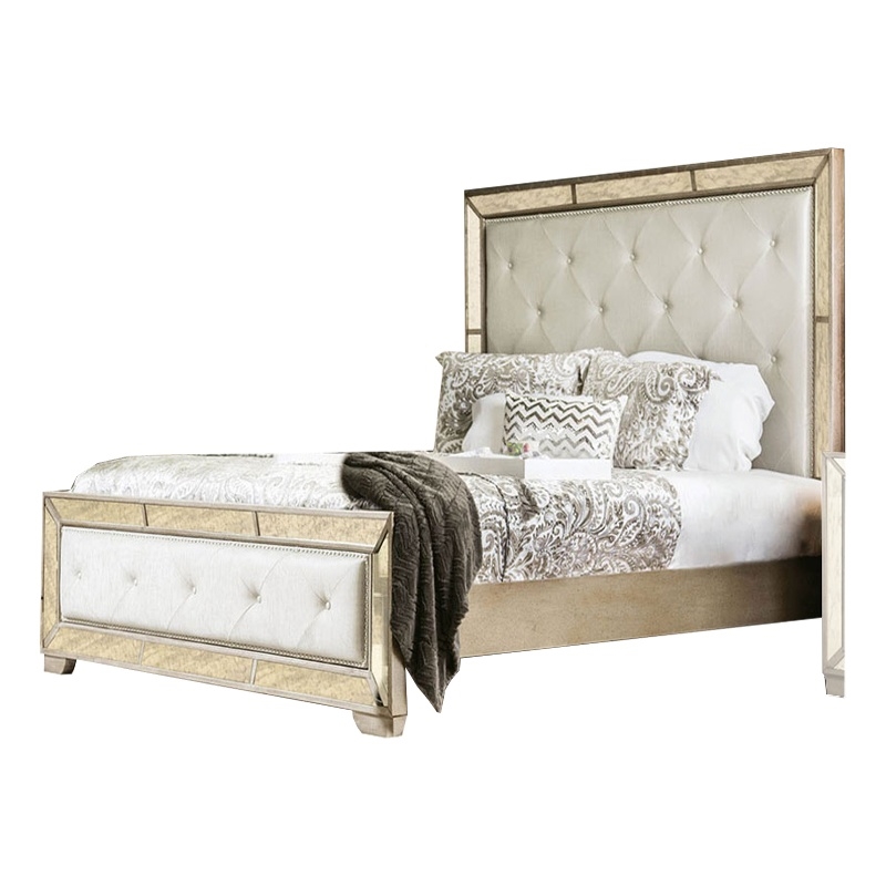 Bowery Hill Leatherette Wooden Queen Size Bed in Gold and Silver