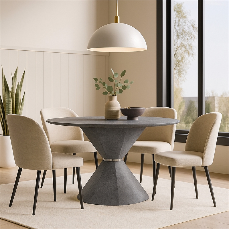 Bowery Hill Dining Table with Faux Concrete Top and Pedestal Base in Gray