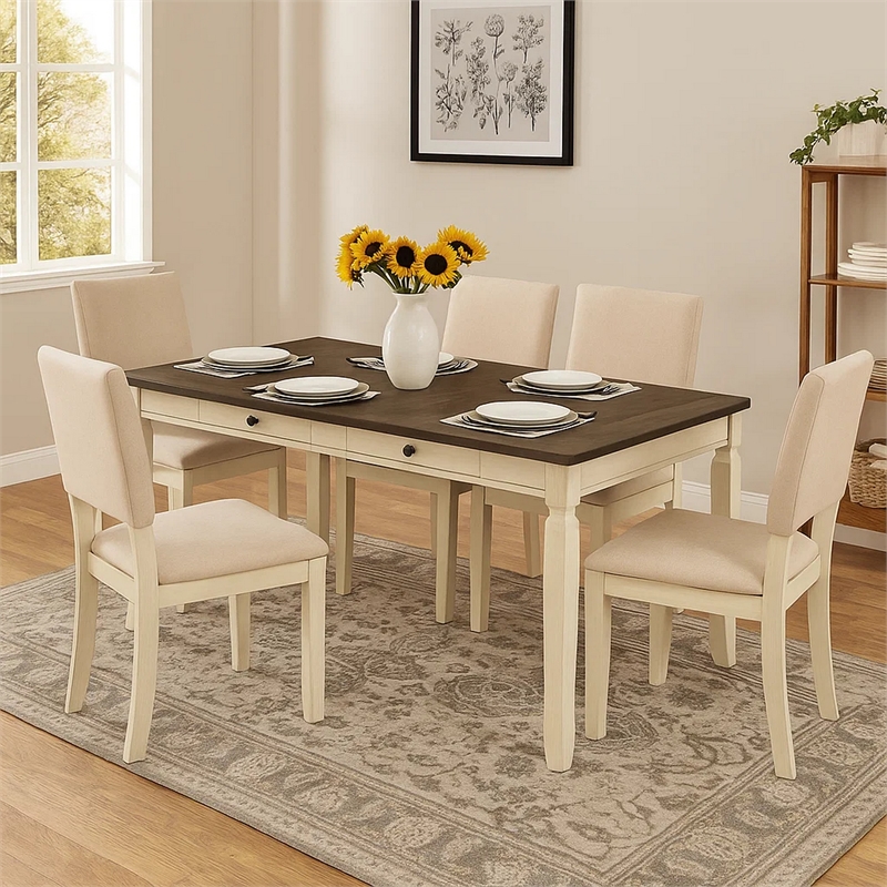 Bowery Hill Rectangular Dining Table with 2 Drawers in Brown and White