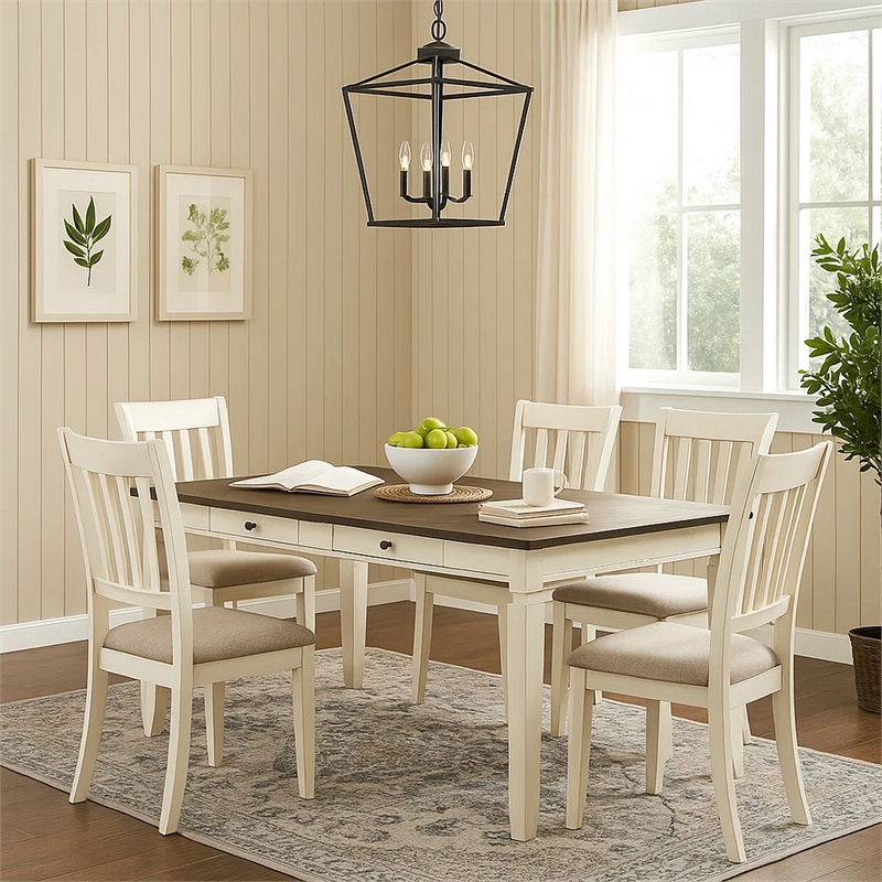 Bowery Hill Rectangular Dining Table with 2 Drawers in Brown and White