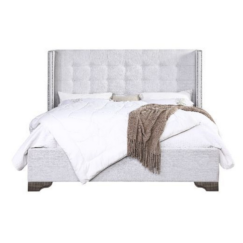 Bowery Hill Eastern King Bed with Fabric Upholstery and Tufting in Beige