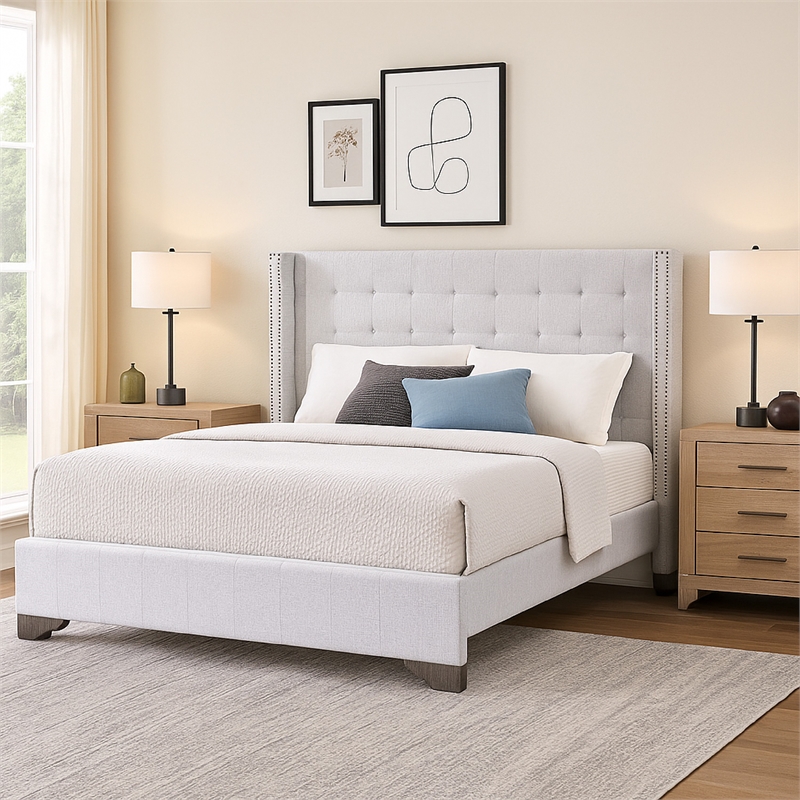Bowery Hill Eastern King Bed with Fabric Upholstery and Tufting in Beige