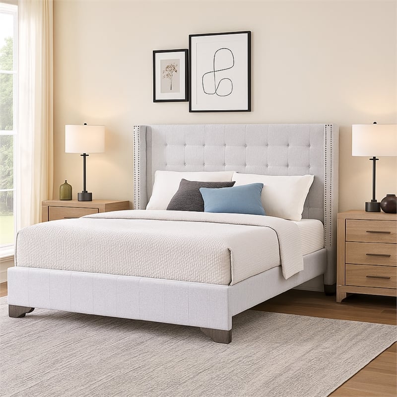 Bowery Hill Eastern King Bed with Fabric Upholstery and Tufting in Beige