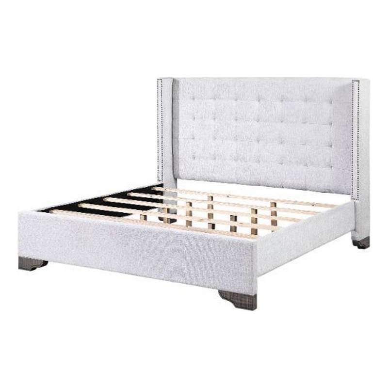 Bowery Hill Eastern King Bed with Fabric Upholstery and Tufting in Beige