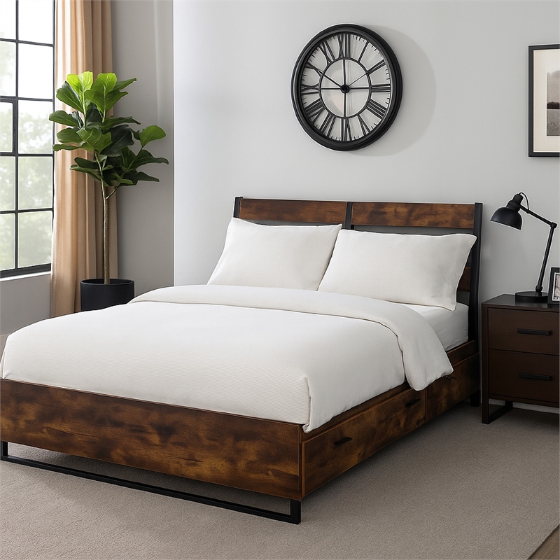 Bowery Hill Eastern King Bed with 6 Drawers and Slats in Brown and Black