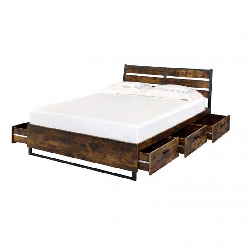 Bowery Hill Eastern King Bed with 6 Drawers and Slats in Brown and Black