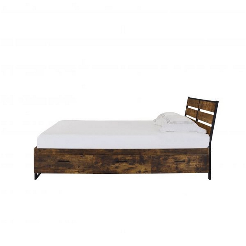 Bowery Hill Eastern King Bed with 6 Drawers and Slats in Brown and Black
