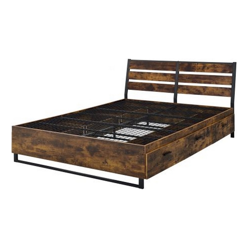 Bowery Hill Eastern King Bed with 6 Drawers and Slats in Brown and Black