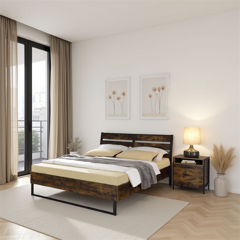 Bowery Hill Eastern King Bed with Panel Headboard and Slats in Brown Black