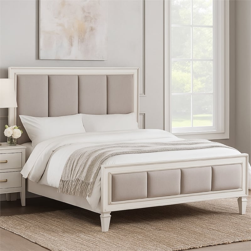 Bowery Hill Queen Bed with Channel Tufted Fabric Padding in White and Gray