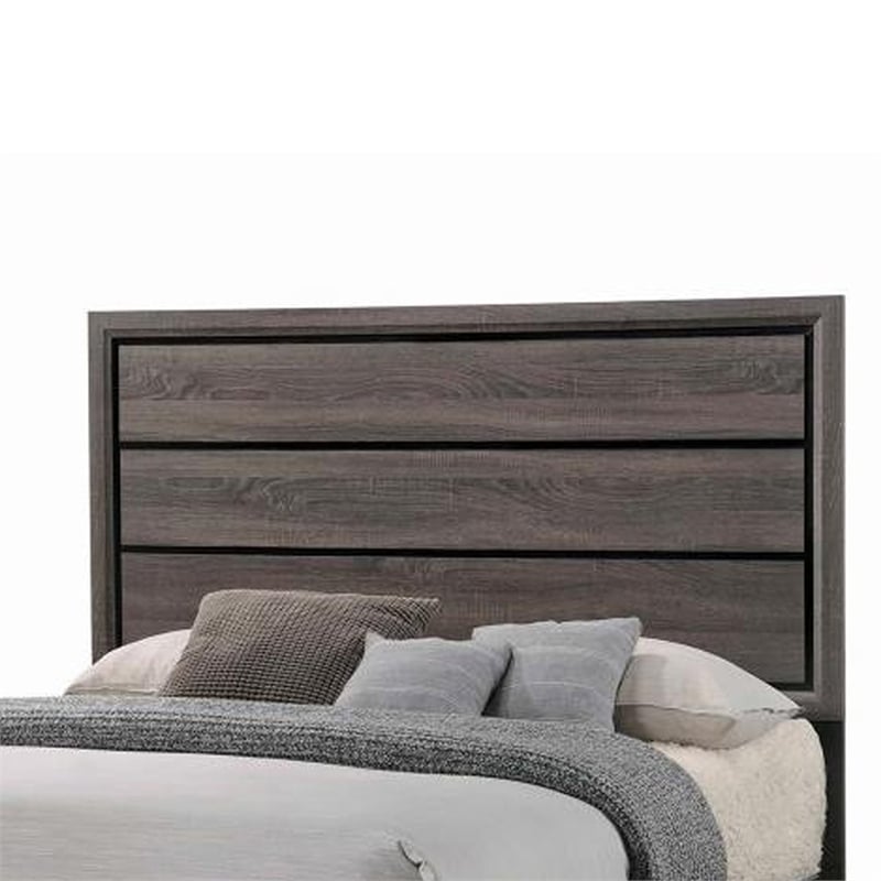 Bowery Hill Wooden Eastern King Bed with Plank Headboard in Gray Oak